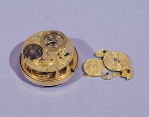 1755年にキングオブスペイン向けに作られたロンドンのトーマスマッジの時計のバランスコックを取り外したバックプレート（真鍮とエナメル）（71011も参照）